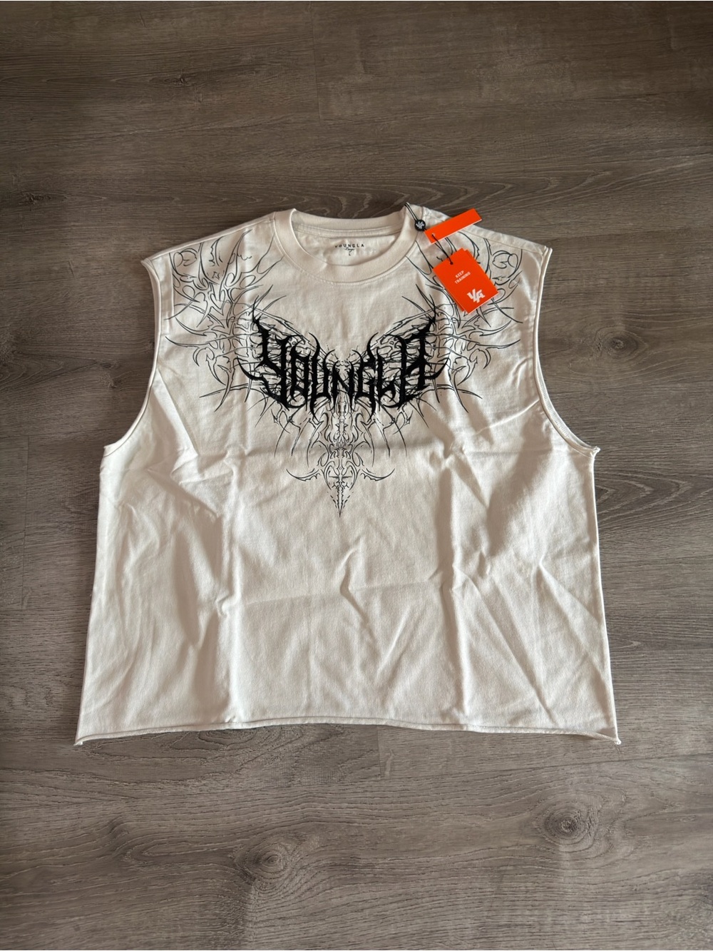 YoungLA Off White Sleeveless Graphic Tank with Black Embroidered Logo Design